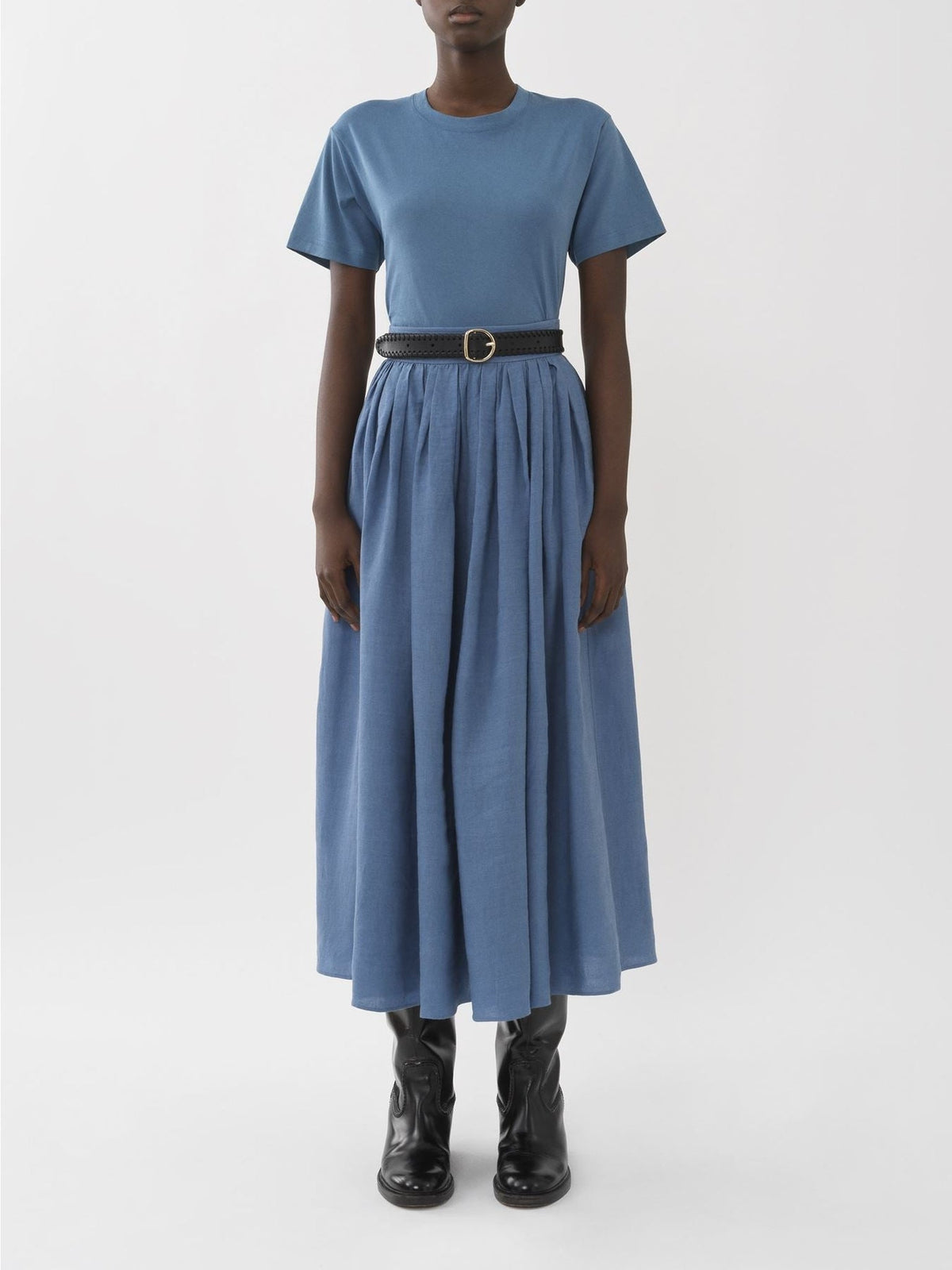 OK PORTE_Jupe mi-longue fluide en lin - Pure Blue