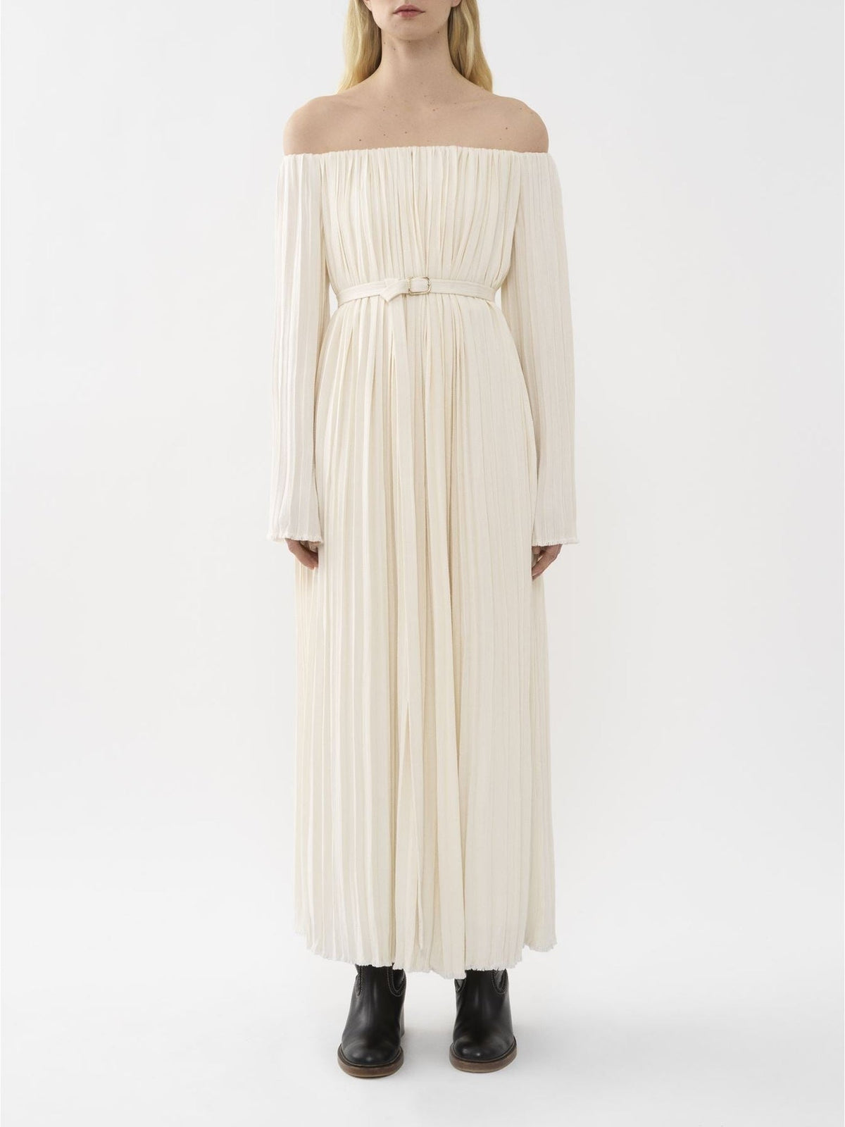 OK PORTE_Robe épaules nues en soie - Seedpearl Beige