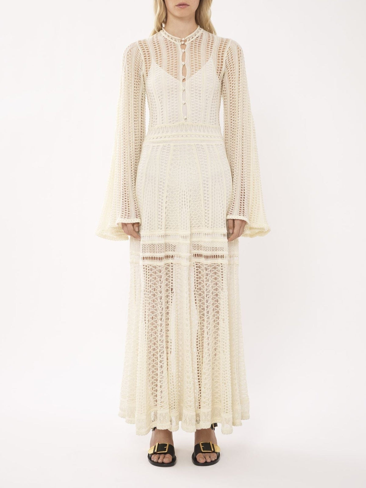 OK PORTE_Robe longue évasée à col boutonné en lin - Iconic Milk