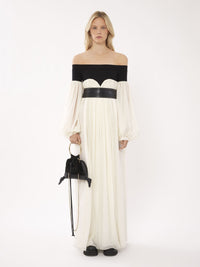 OK PORTE_Robe longue bi-matière à épaules dénudées en laine - Black & White