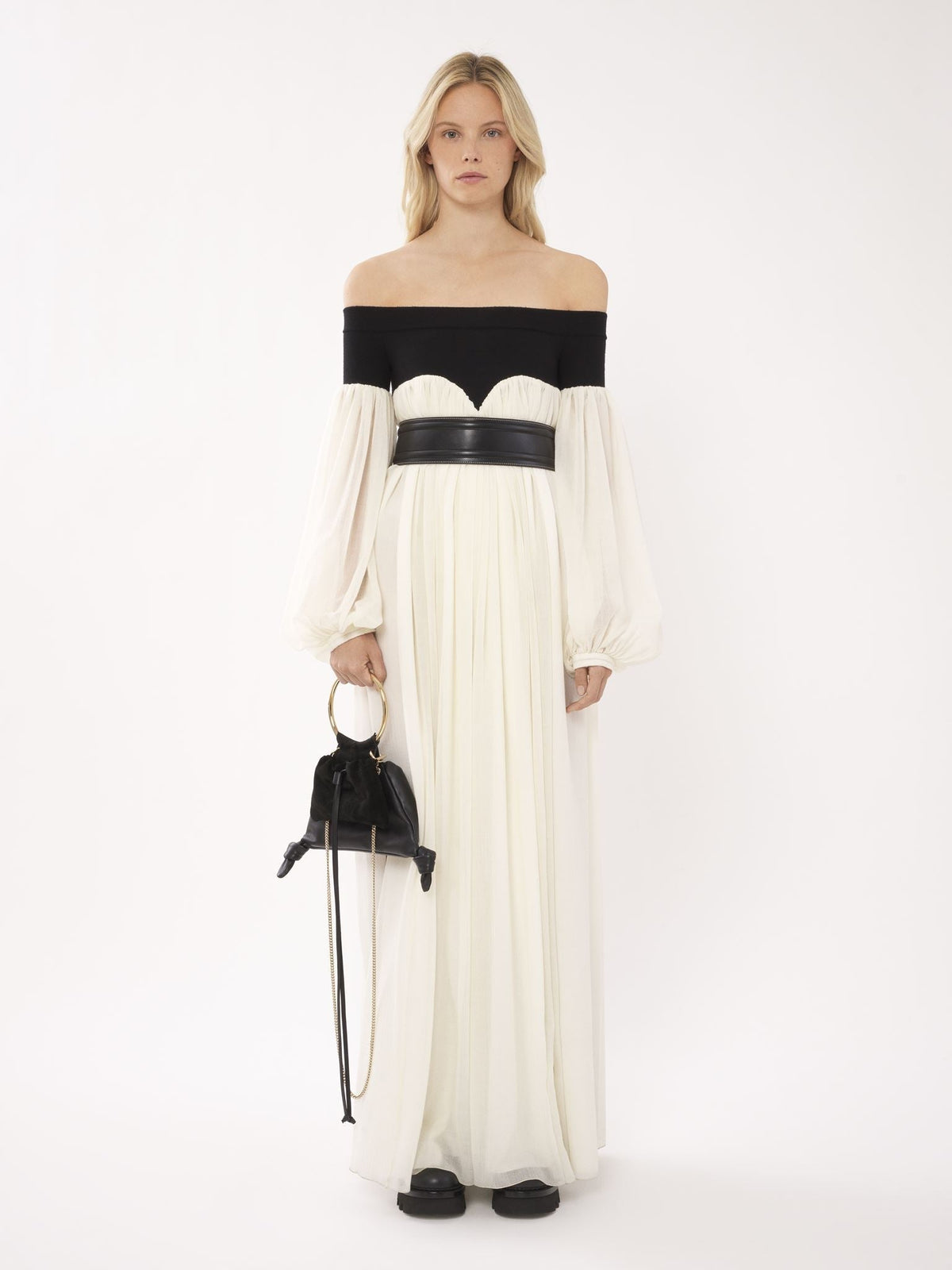 OK PORTE_Robe longue bi-matière à épaules dénudées en laine - Black & White