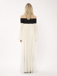 OK PORTE_Robe longue bi-matière à épaules dénudées en laine - Black & White