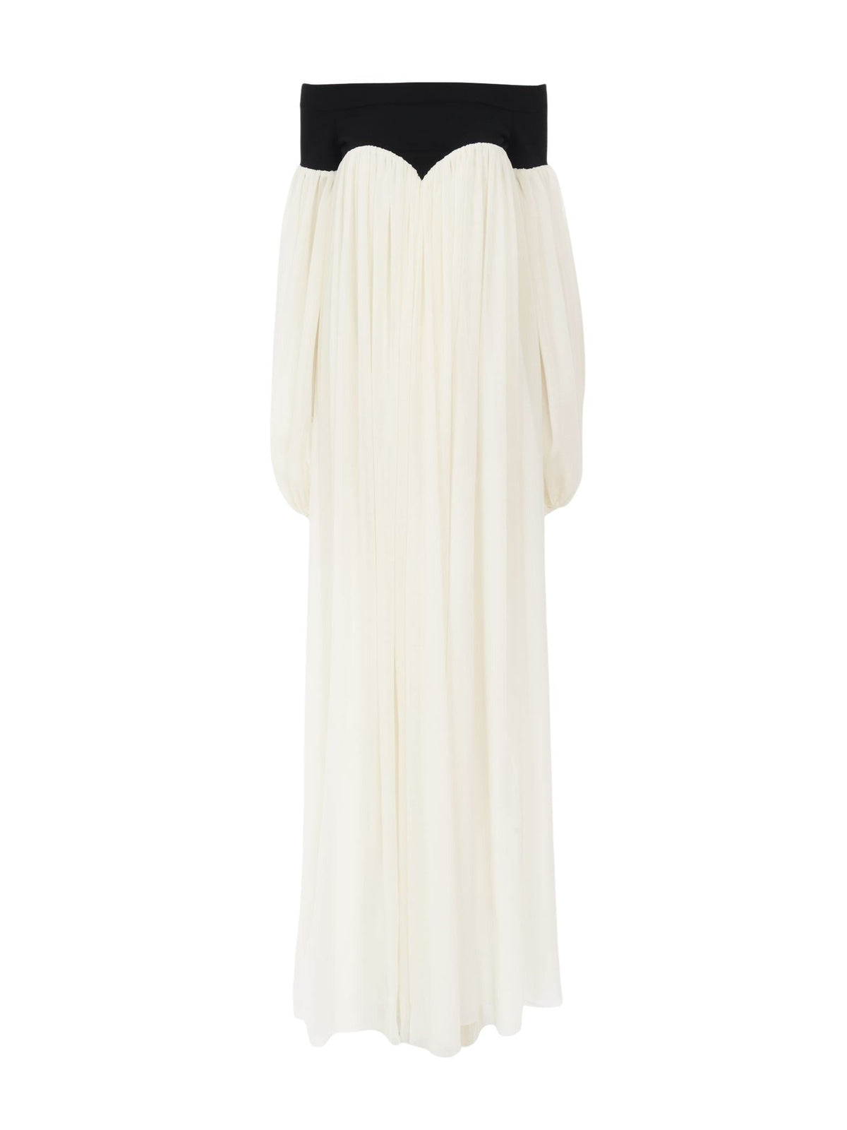 OK PORTE_Robe longue bi-matière à épaules dénudées en laine - Black & White