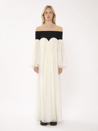 OK PORTE_Robe longue bi-matière à épaules dénudées en laine - Black & White