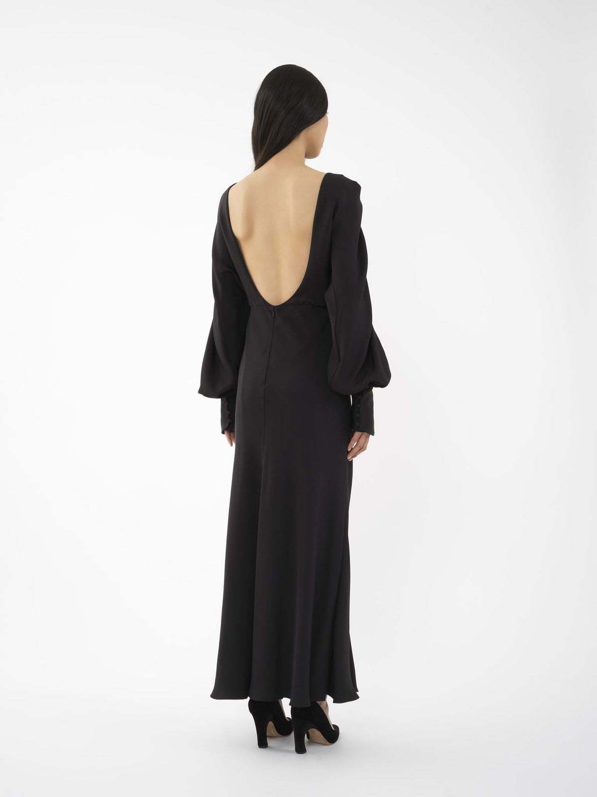 OK PORTE_Robe longue évasée dos ouvert en soie - Black