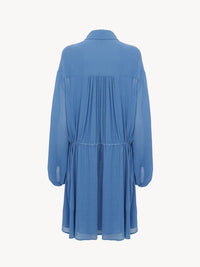 OK PORTE_Robe chemise courte froncée en soie mélangée - Parisian Blue