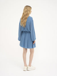 OK PORTE_Robe chemise courte froncée en soie mélangée - Parisian Blue