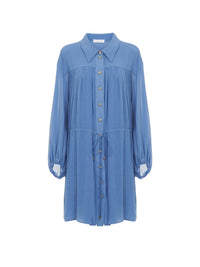OK PORTE_Robe chemise courte froncée en soie mélangée - Parisian Blue