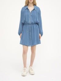 OK PORTE_Robe chemise courte froncée en soie mélangée - Parisian Blue