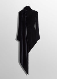 BLACK ASYMMETRICAL VELVET DRESS WITH LEATHER COLLAR