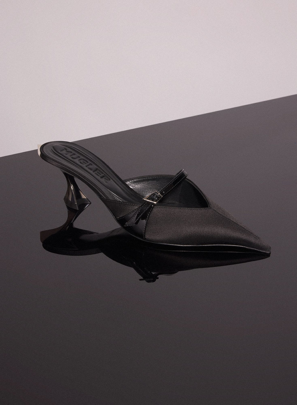 BLACK SATIN FANG 55 MULES WITH STRAP