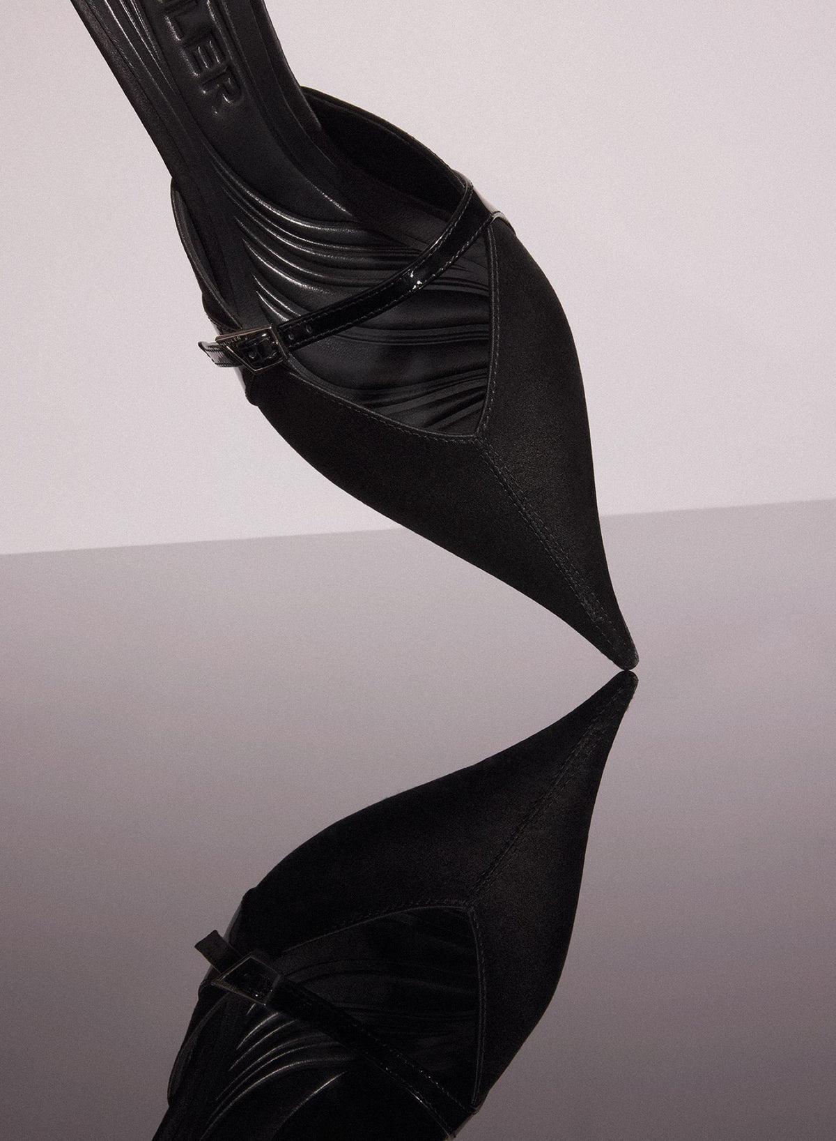 BLACK SATIN FANG 55 MULES WITH STRAP