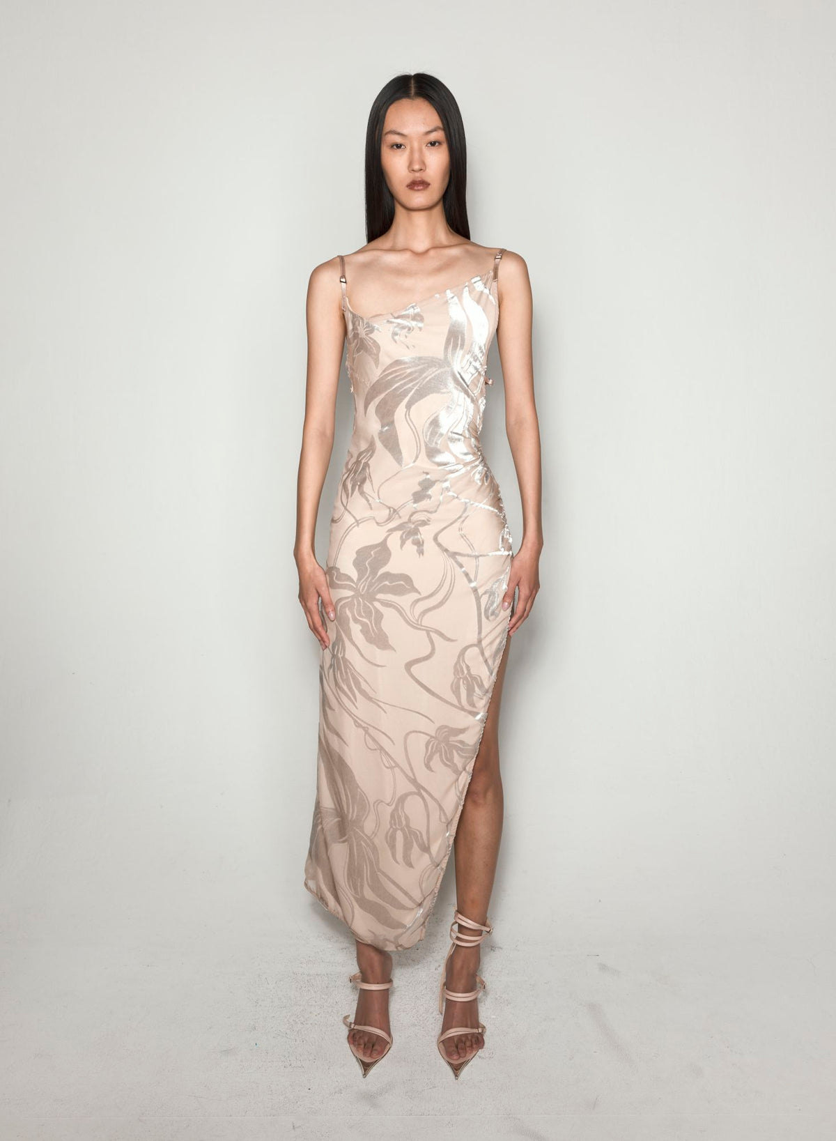 FLORAL VELVET ASYMETRICAL BUCKLED STRAP DRESS
