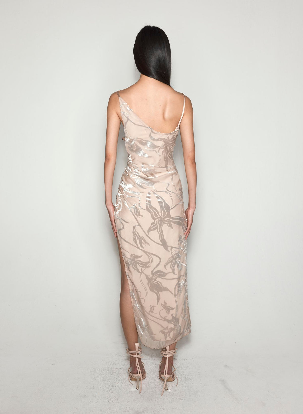 FLORAL VELVET ASYMETRICAL BUCKLED STRAP DRESS