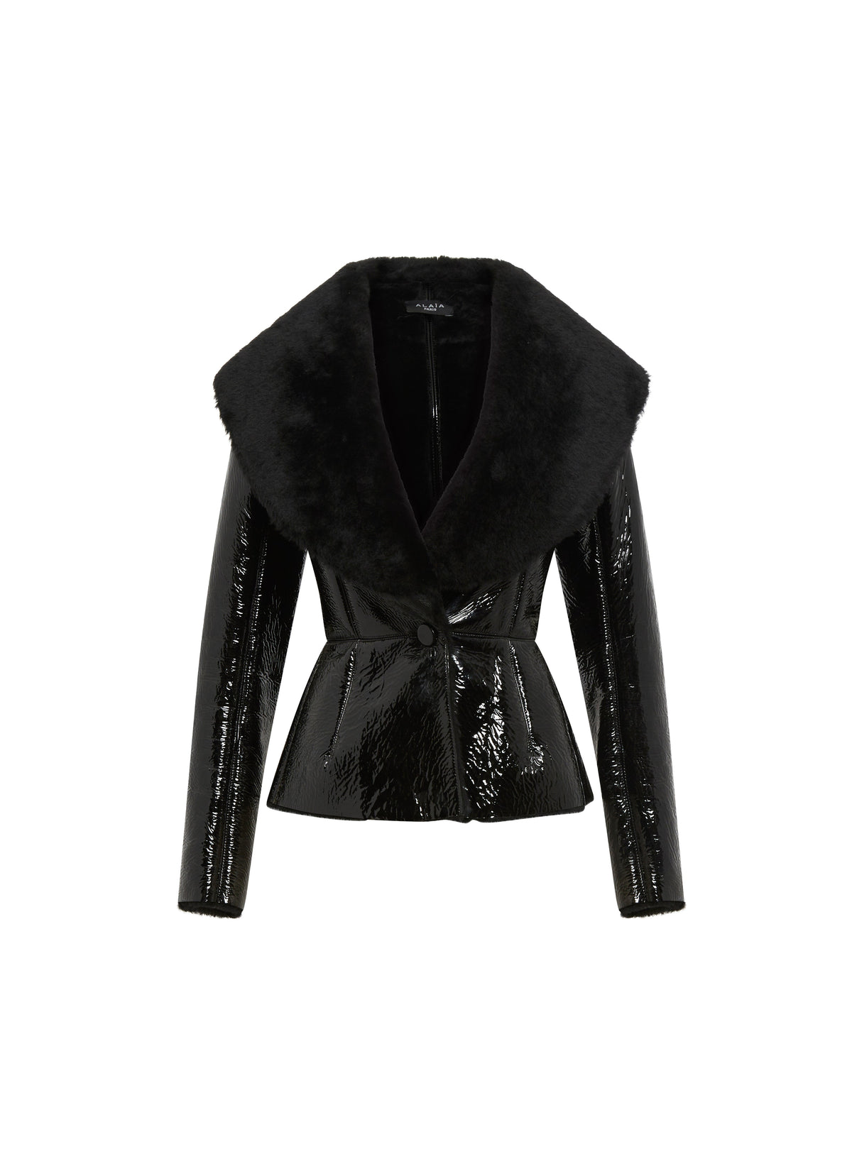 Vinyl jacket with large leather collar - Black & Black