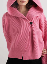 Wool ribbed cardigan with hood and shawl collar - Powder