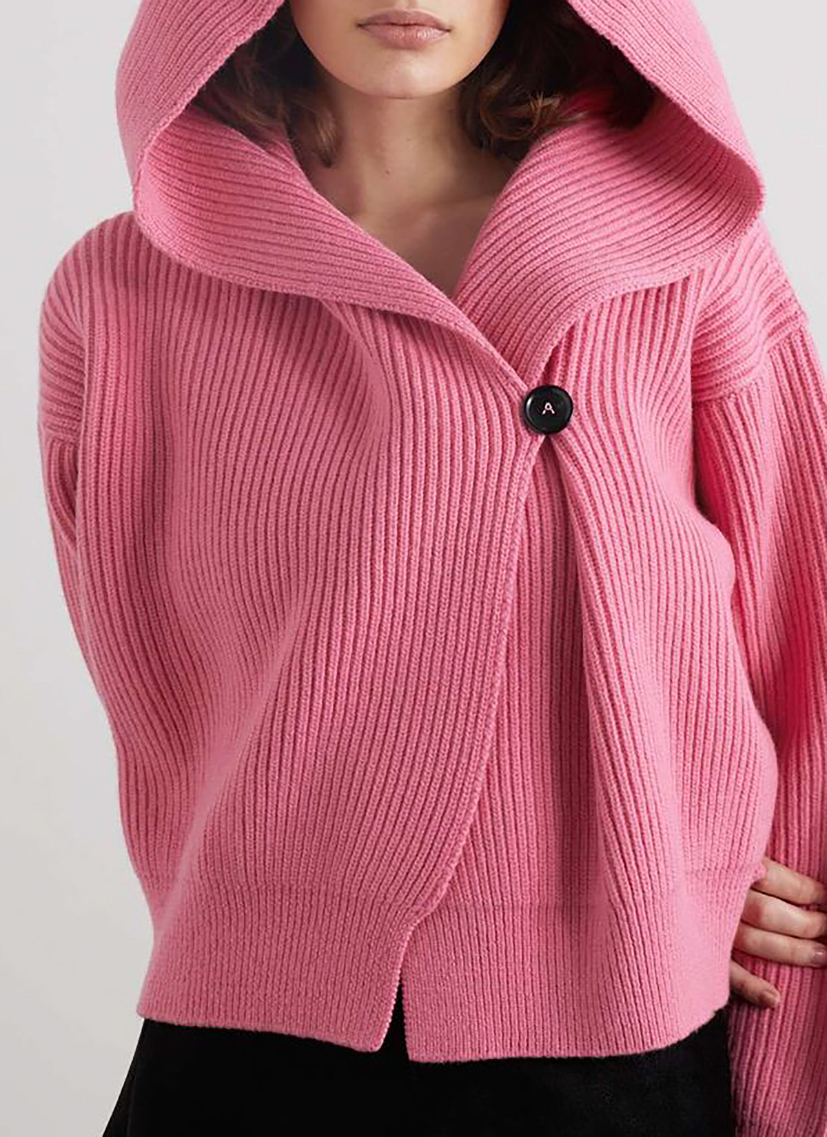 Wool ribbed cardigan with hood and shawl collar - Powder