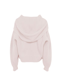 Wool ribbed cardigan with hood and shawl collar - Powder