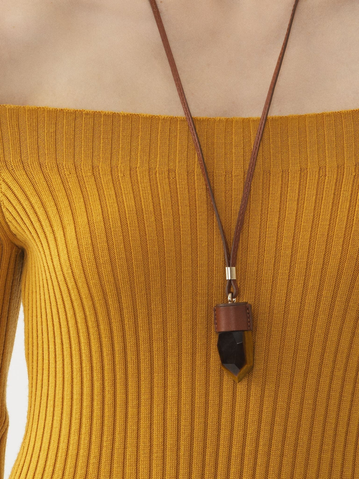OK PORTE_DÉJÀ VU 38pcs Collier moyen Jemma en cuir et pierre semi préçieuse - Brown