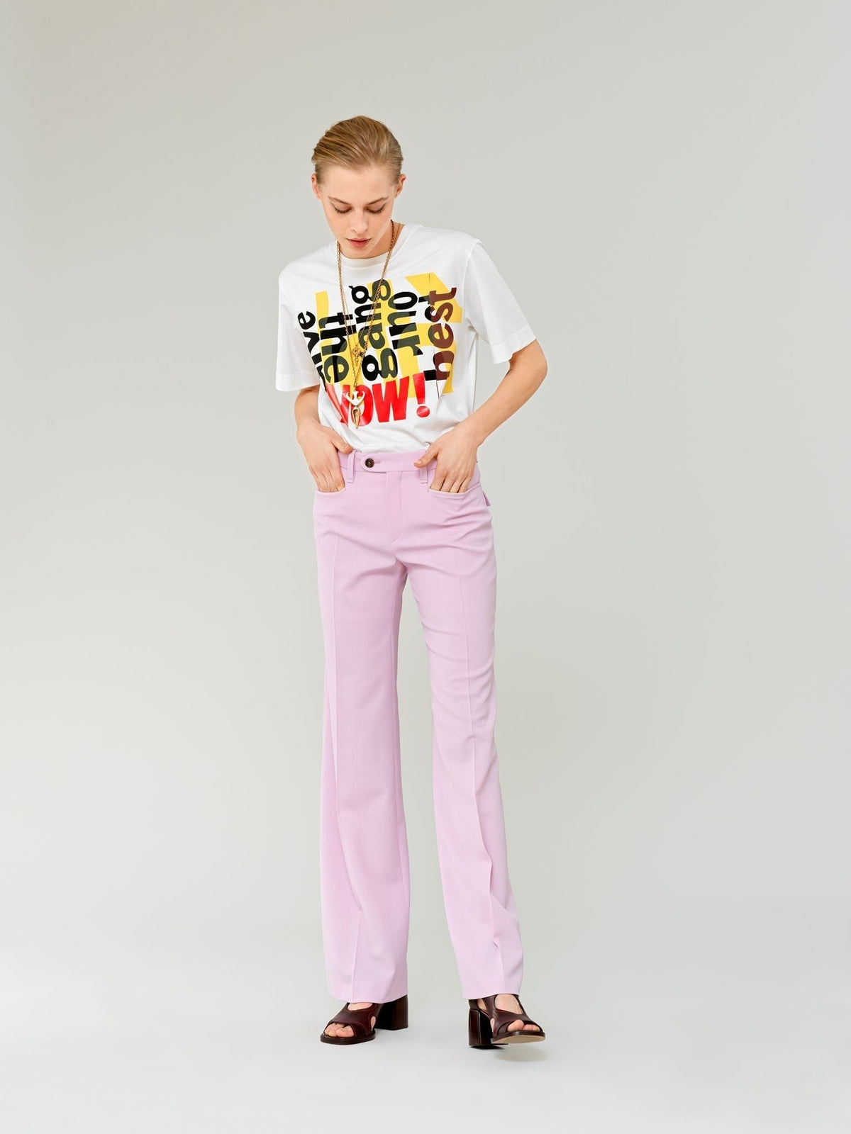 OK PORTE_Pantalon évasé en laine grain de poudre légère - Sweet Lilac
