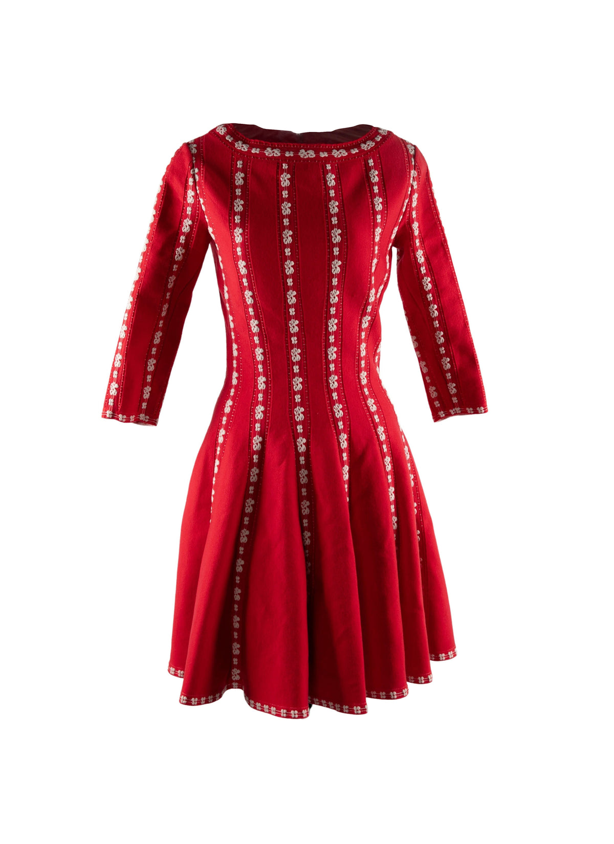 3/4-sleeve short dress in wool - Red & White