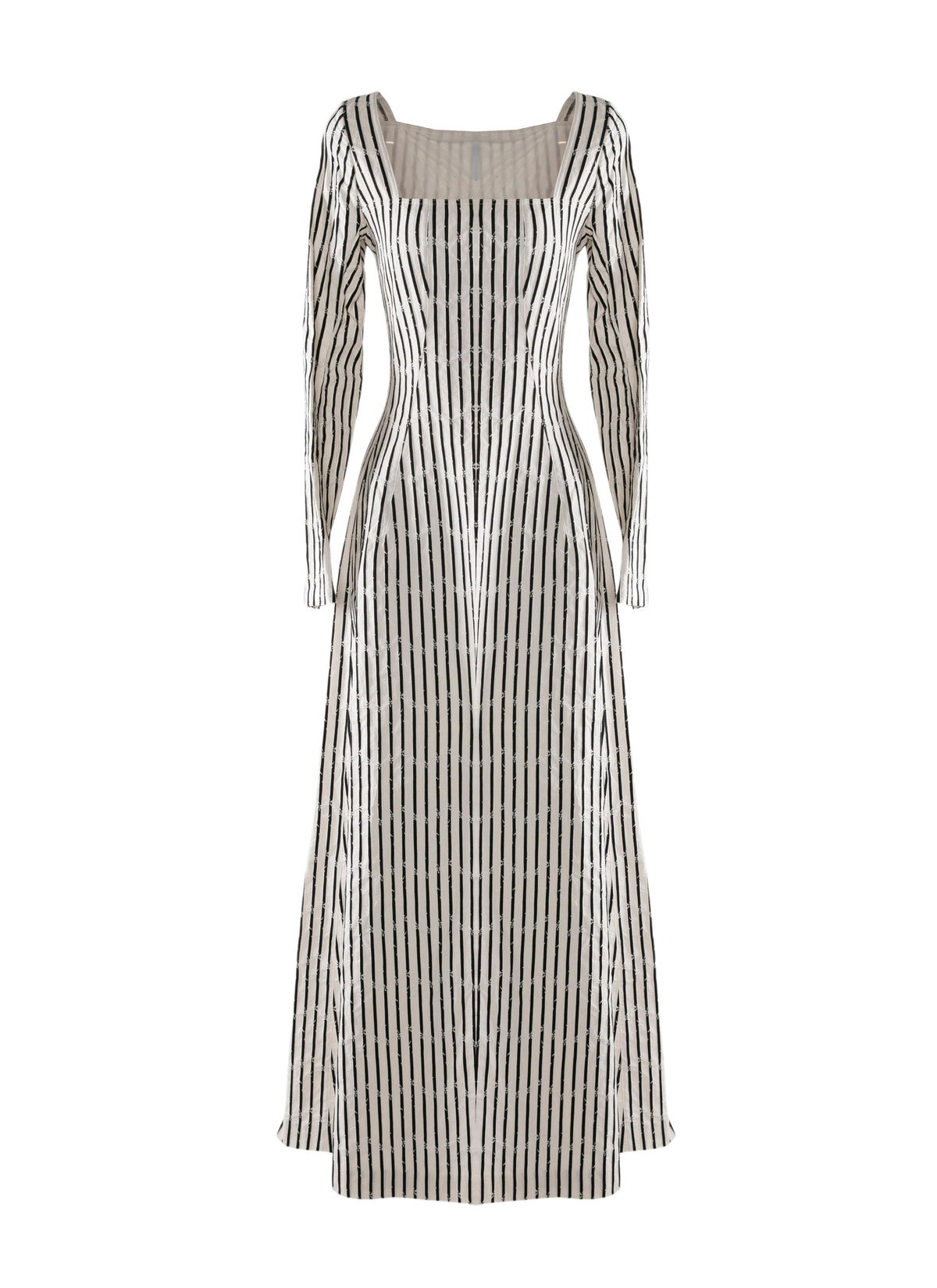 Robe à manches longues rayée col carré - Blanc & Noir