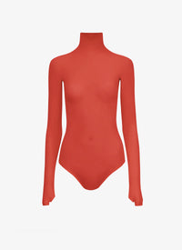 Long-sleeved sheer bodysuit in wool - Cerise
