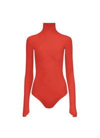 Long-sleeved sheer bodysuit in wool - Cerise