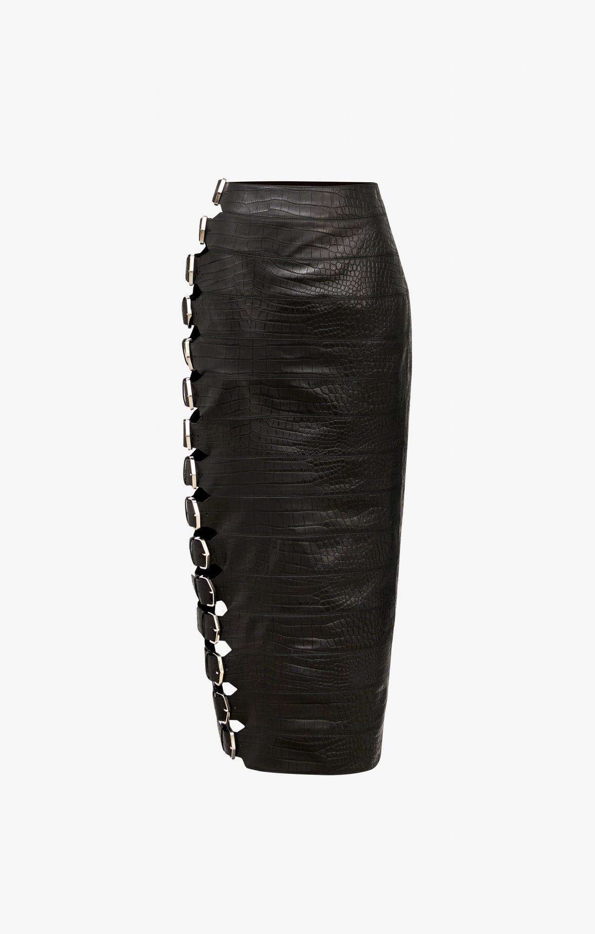 Jupe à boucle en cuir imprimé crocodile - Noir Alaïa