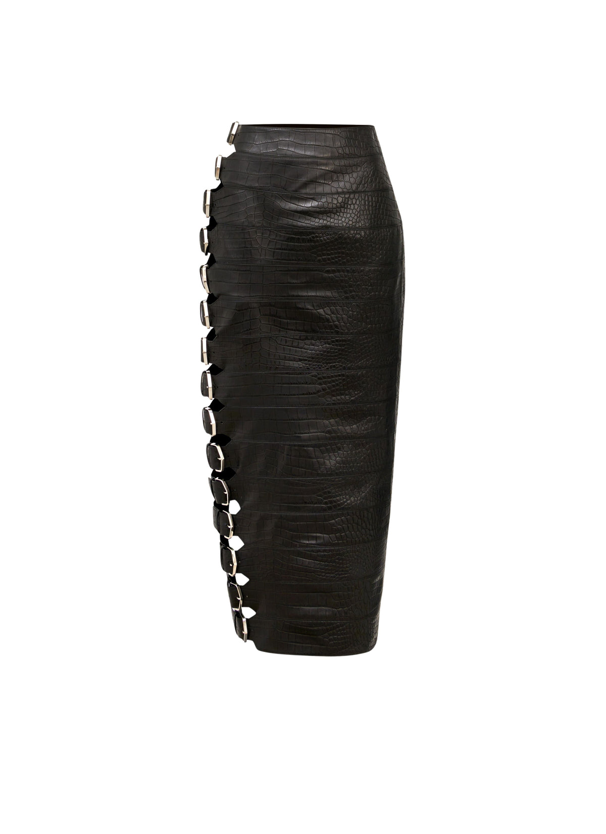 Jupe à boucle en cuir imprimé crocodile - Noir Alaïa