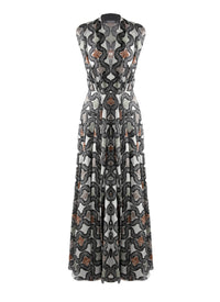 Deep v-neck maxi dress in silk - Ivory & Black