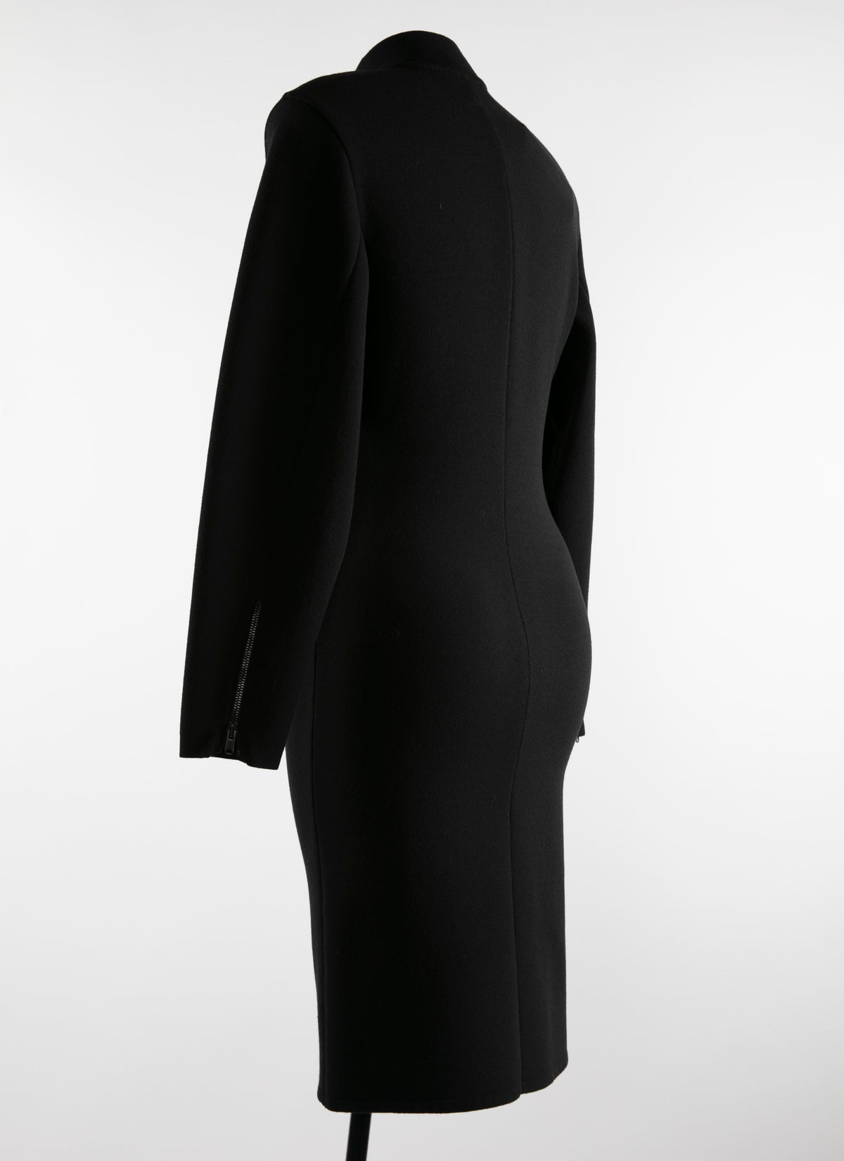 Robe droite zippée à col montant et manches longues en laine - Noir