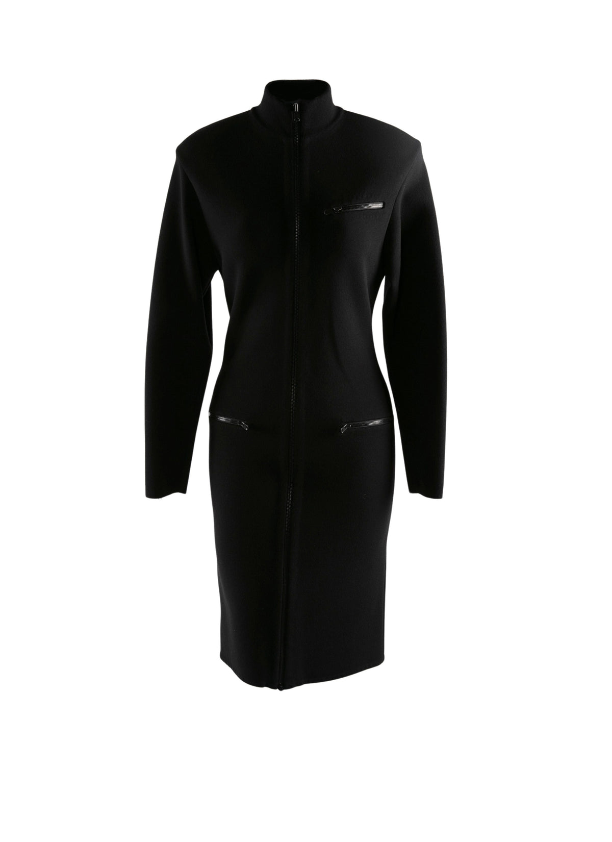 Robe droite zippée à col montant et manches longues en laine - Noir