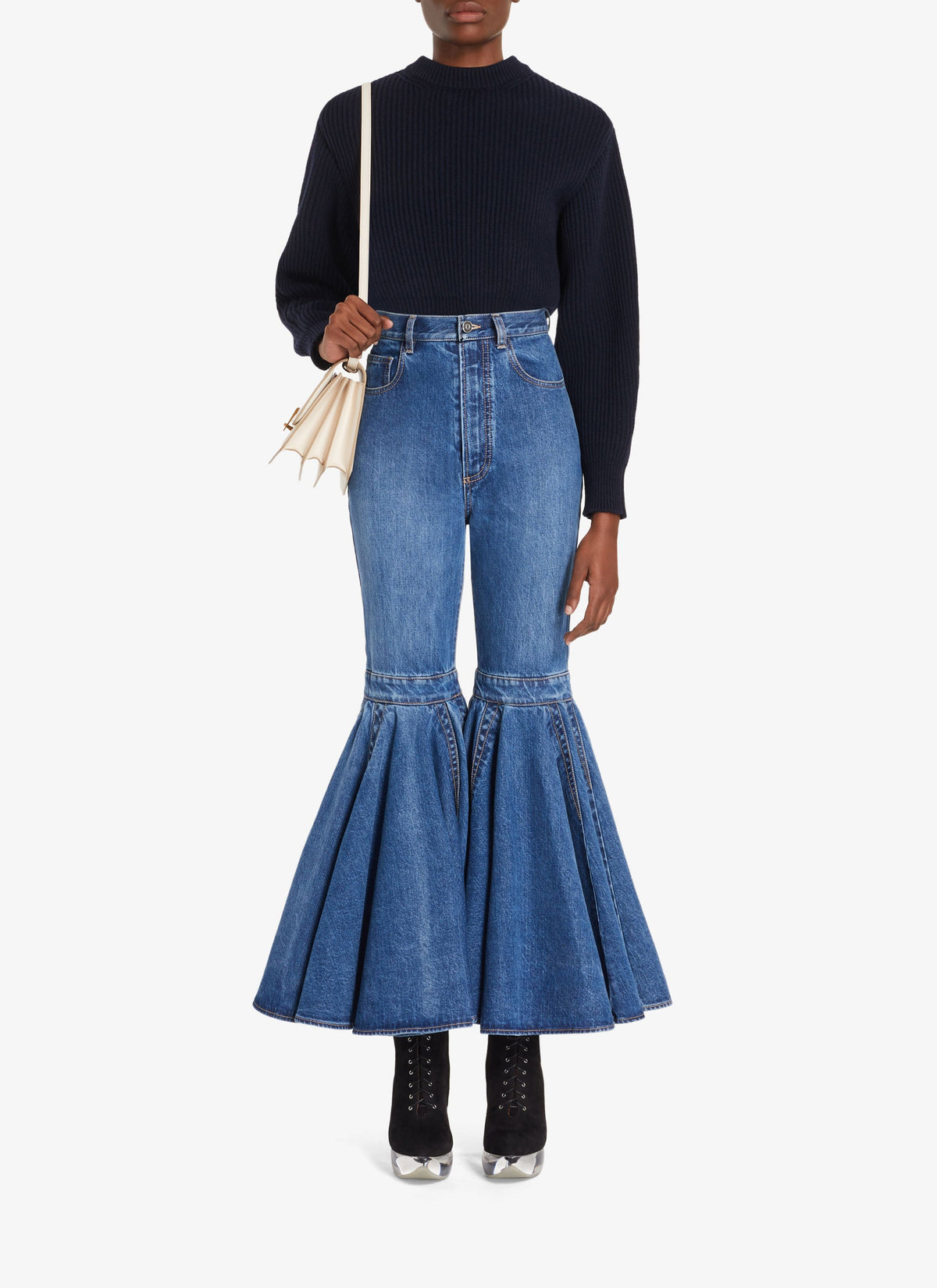 Pull en côtes anglaises en laine et cachemire - Marine