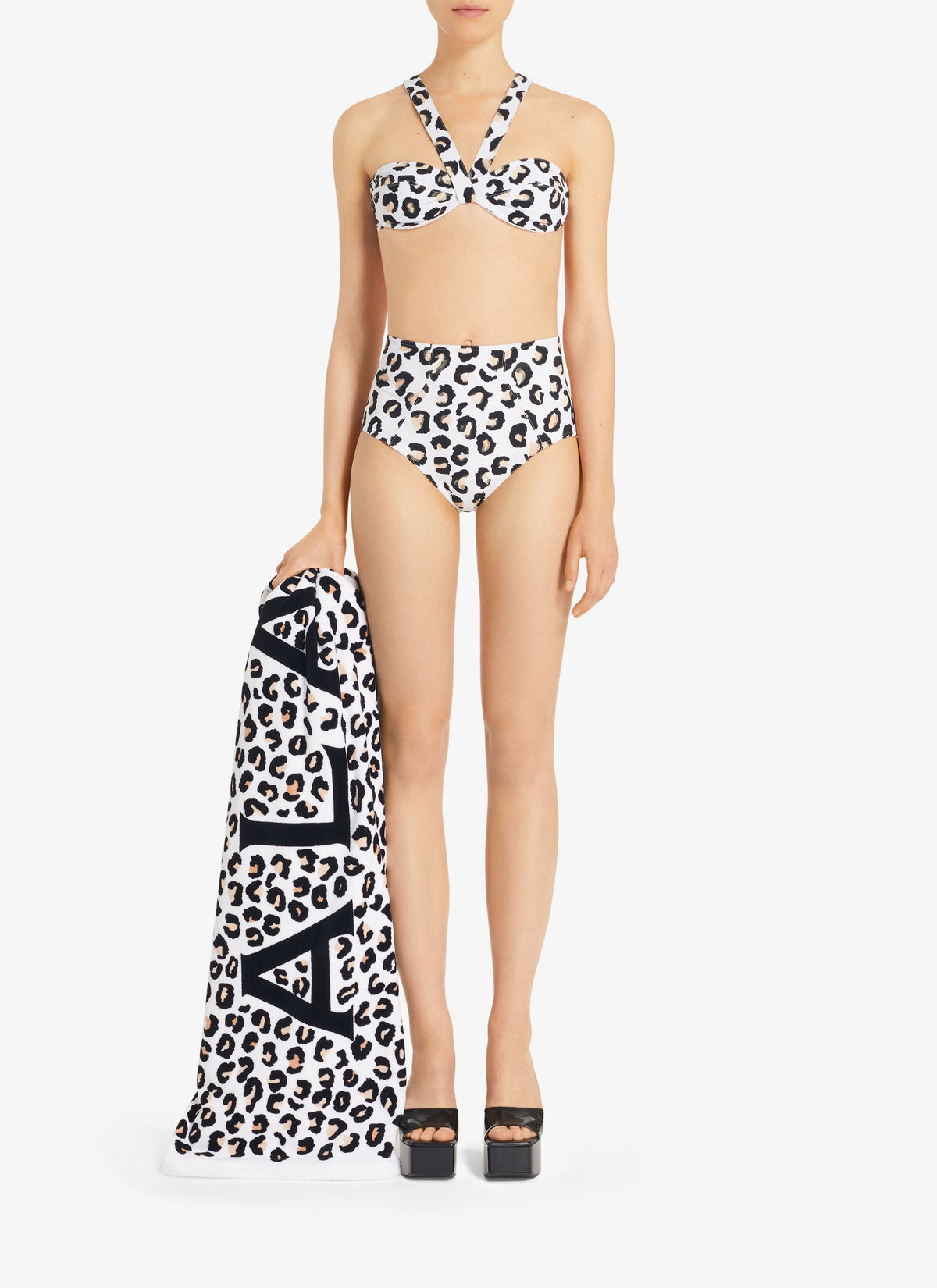 Maillot de bain taille haute à imprimé léopard - Blanc & Noir
