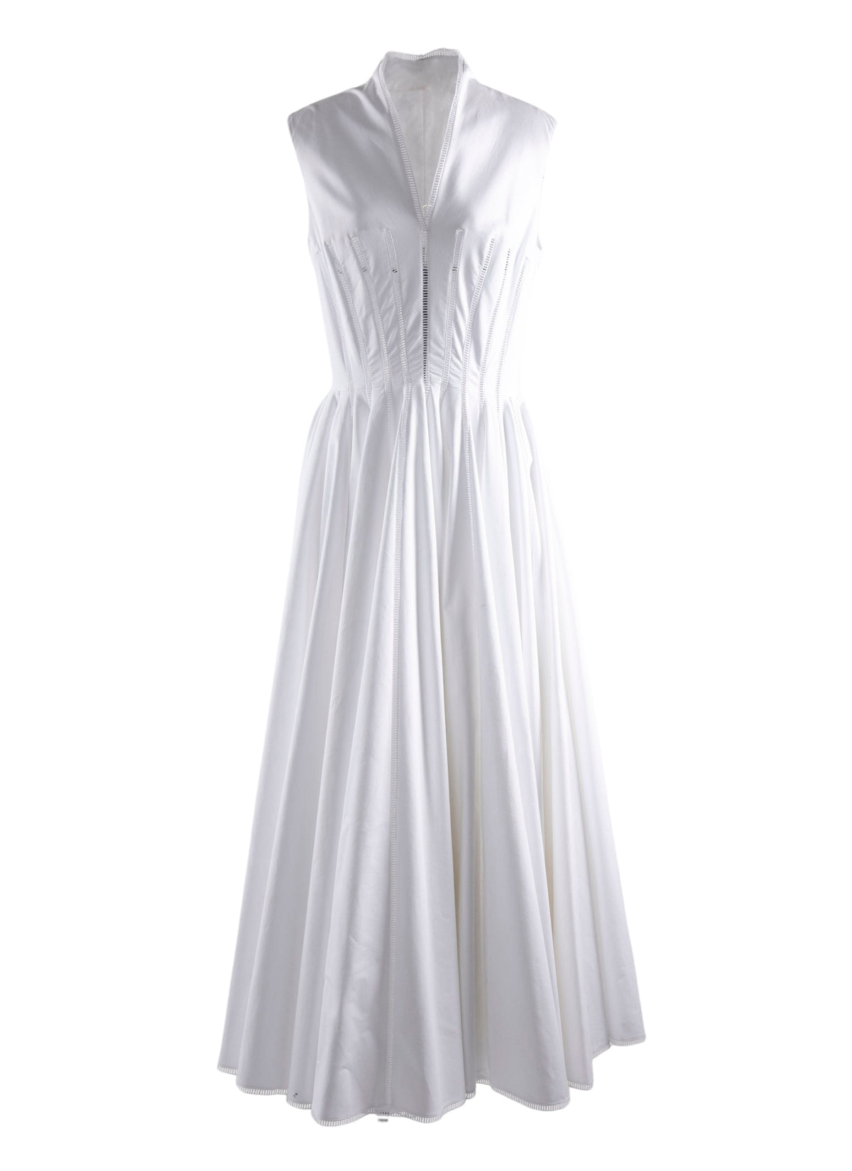 Pleated maxi dress with stand-up collar - White