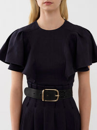 OK PORTE_Blouse volantée sans manches en lin - Ink Navy