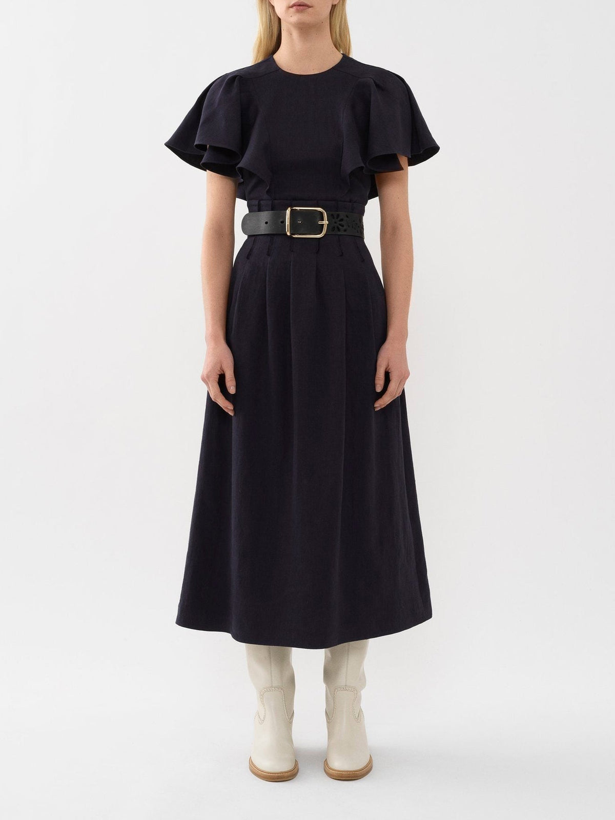 OK PORTE_Blouse volantée sans manches en lin - Ink Navy