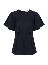 OK PORTE_Blouse volantée sans manches en lin - Ink Navy