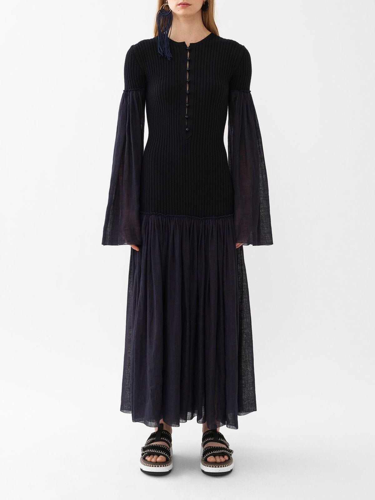 OK PORTE_Robe longue froncée en laine - Ink Navy