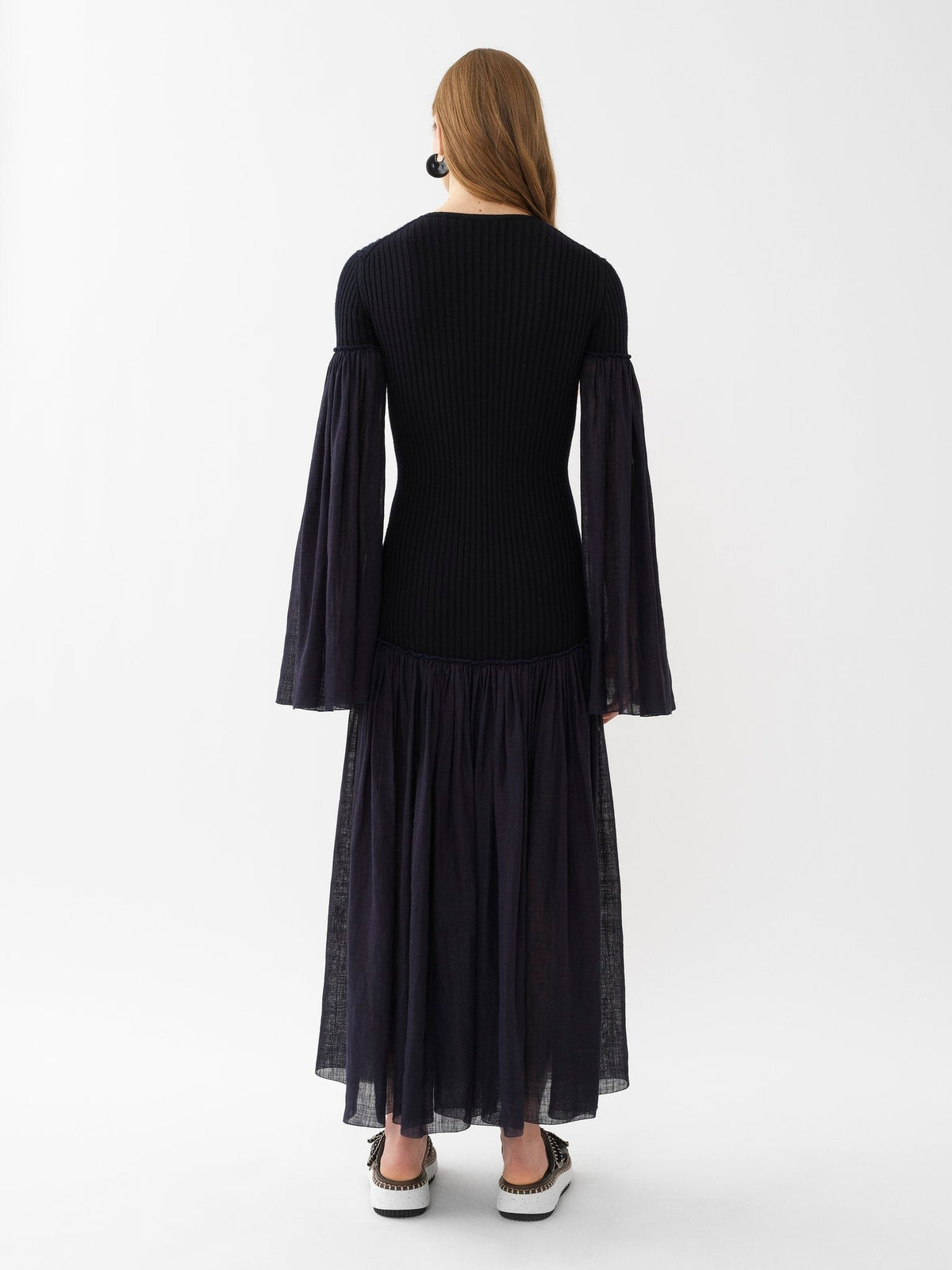 OK PORTE_Robe longue froncée en laine - Ink Navy