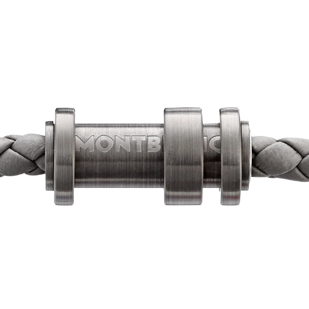 Bracelet en cuir gris tressé avec fermoir en acier, finition PVD gris et trois anneaux
