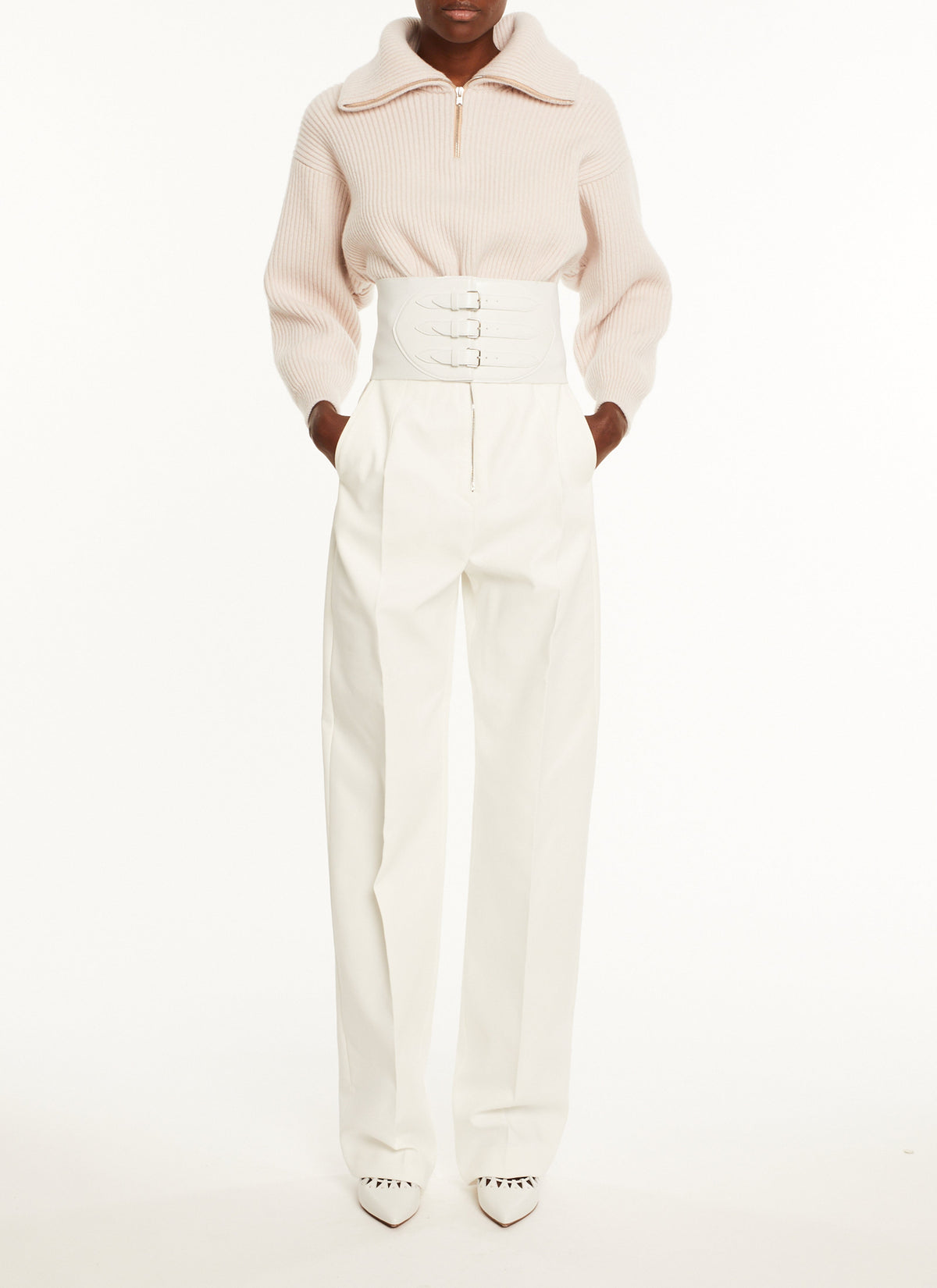 Wool and cashmere zip-neck jumper - Powder