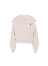 Wool ribbed cardigan with hood and shawl collar - Powder