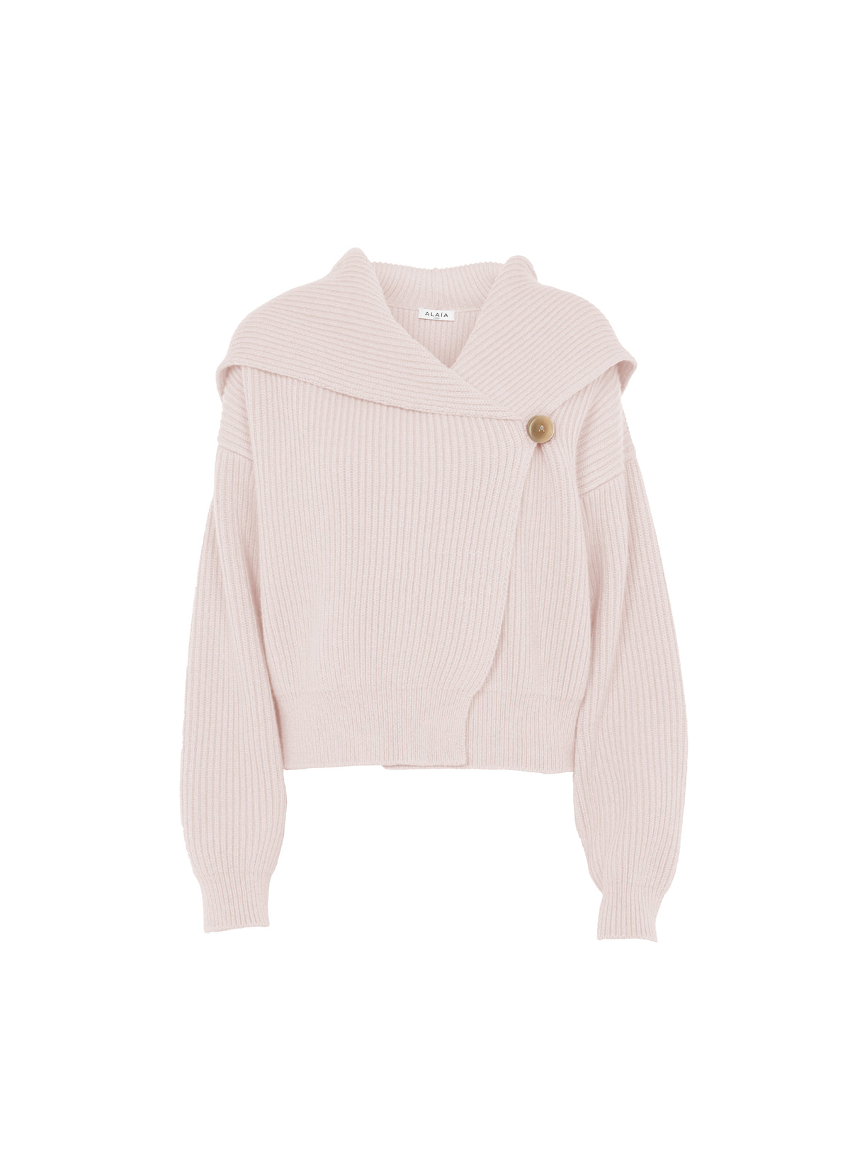 Wool ribbed cardigan with hood and shawl collar - Powder