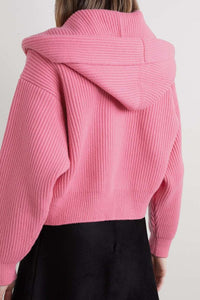 Wool ribbed cardigan with hood and shawl collar - Powder