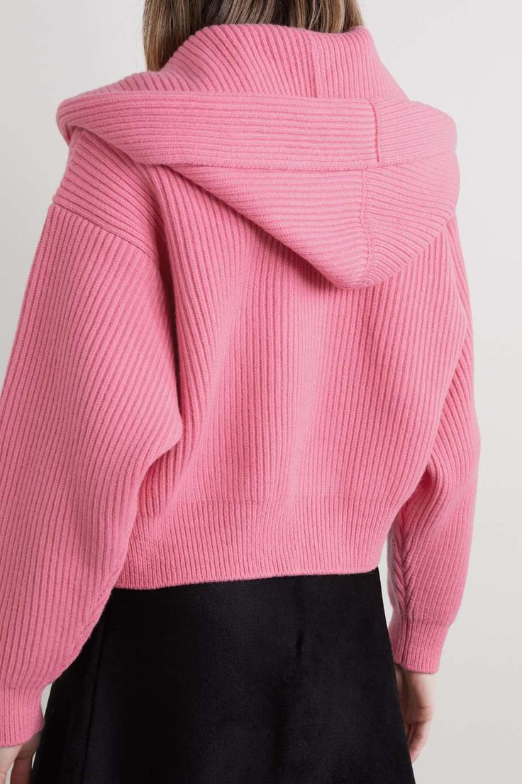 Wool ribbed cardigan with hood and shawl collar - Powder