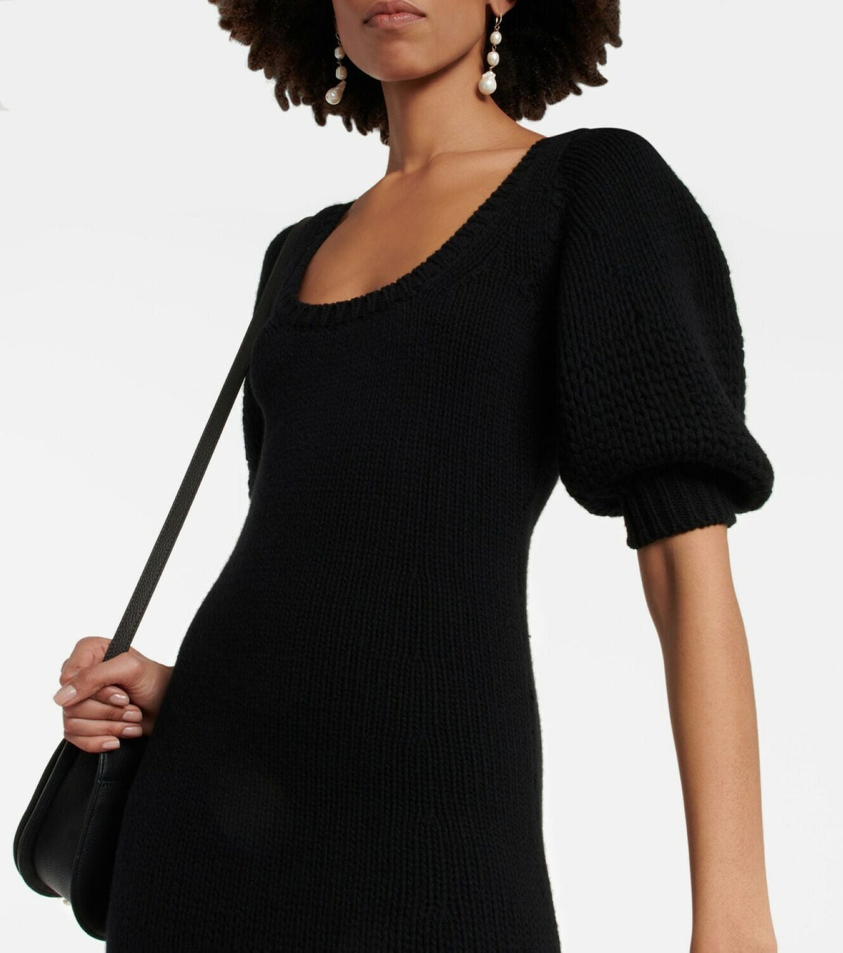 OK PORTE_Robe à manches ballons en cachemire et laine - Black