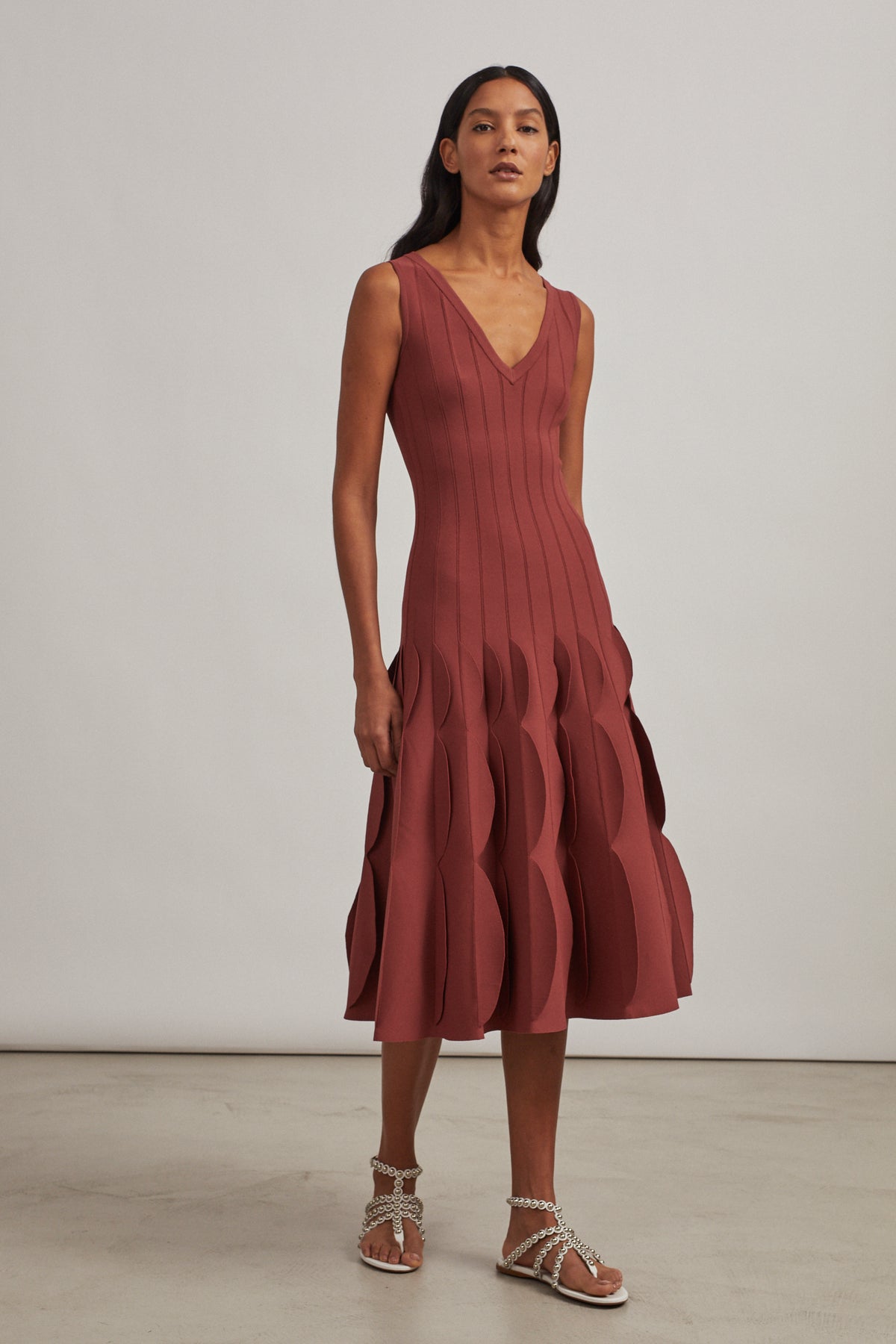 Robe longue évasée et texturée en maille - Grenat